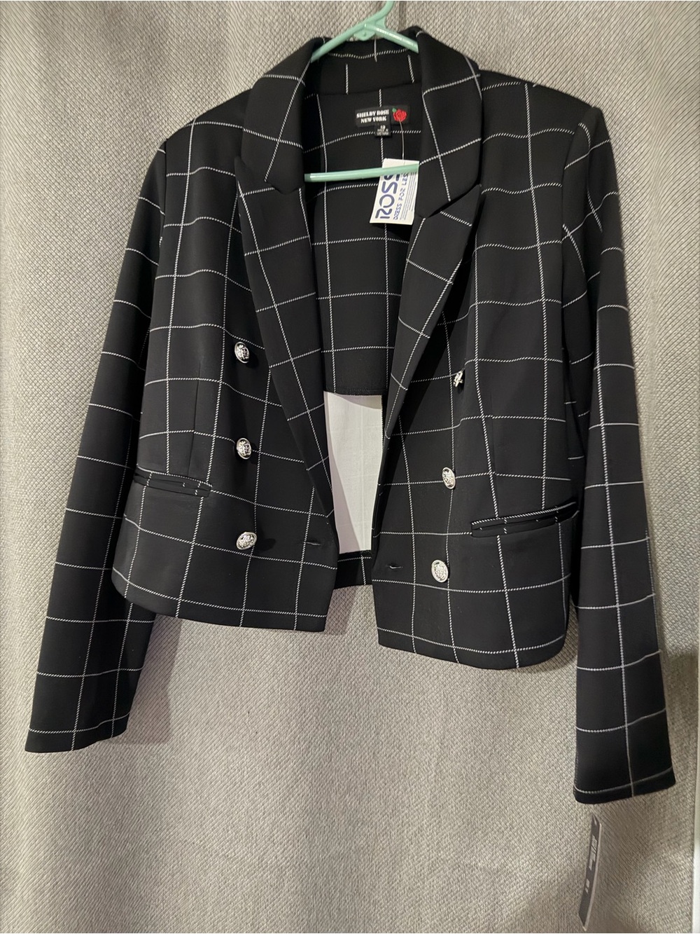 Cropped Black Windowpane Double-Breasted Blazer
